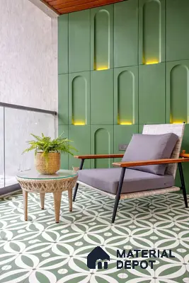 Modern balcony with sage green geometric wall panels and patterned green and white floor tiles