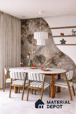Mid-century modern dining room with tropical wallpaper, marble-look floor tile, and wooden dining set
