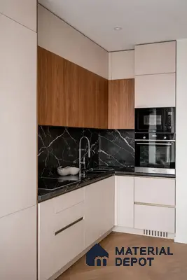 Modern kitchen with beige laminate, walnut wood laminate, and black marble backsplash