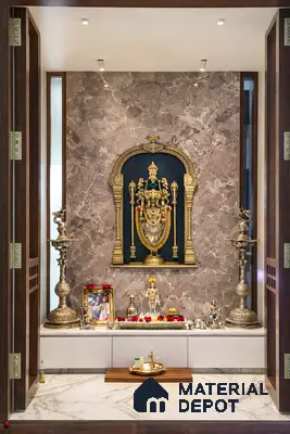Traditional pooja room with brown marble accent wall and white marble flooring