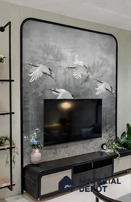 Japandi living room with chinoiserie wallpaper accent and matte black TV unit