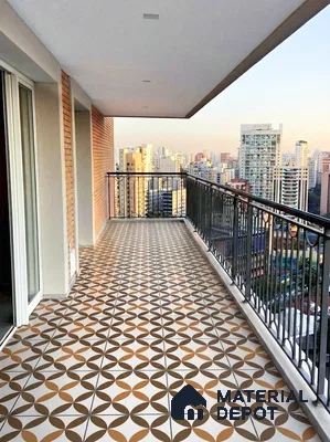 Modern balcony with geometric patterned floor tiles and exposed brick wall