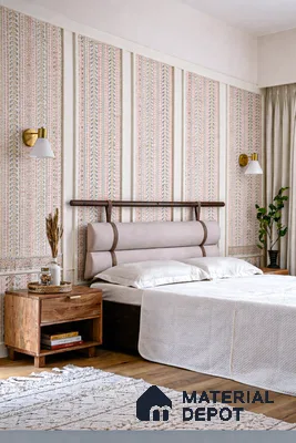 Scandinavian bedroom with pastel patterned wallpaper, natural wood bed and side table, and light oak wooden flooring