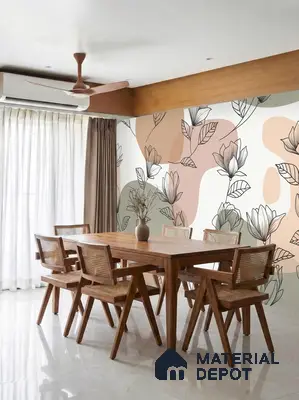 Scandinavian dining room with floral wallpaper, natural wood dining set, and glossy marble floor tile