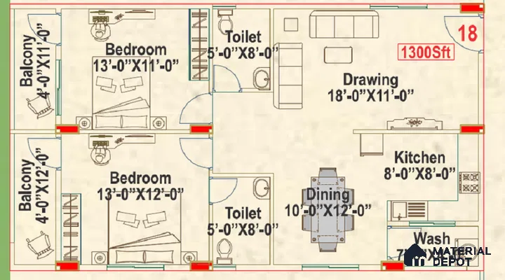 Modern 2BHK apartment floor plan with dual balconies, modular kitchen, and open dining-living layout