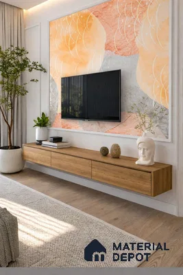 Scandinavian living room with oak wood laminate TV unit and abstract wallpaper accent wall