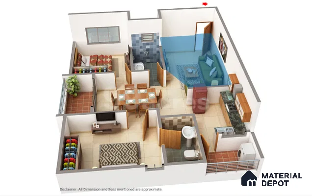 Modern living room with beige floor tiles, wooden TV unit, and teal fabric sofa in 2 BHK apartment Sree Adithya Lotus KR Puram Bengaluru