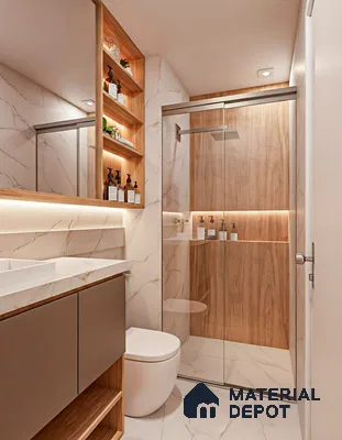 Modern bathroom with marble-look tiles and natural wood-look wall tiles in shower area in 2 BHK apartment Sree Adithya Lotus KR Puram Bengaluru