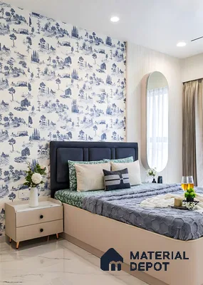 Modern bedroom with blue chinoiserie wallpaper, upholstered headboard, and marble floor tiles in 2 BHK apartment Sree Adithya Lotus KR Puram Bengaluru