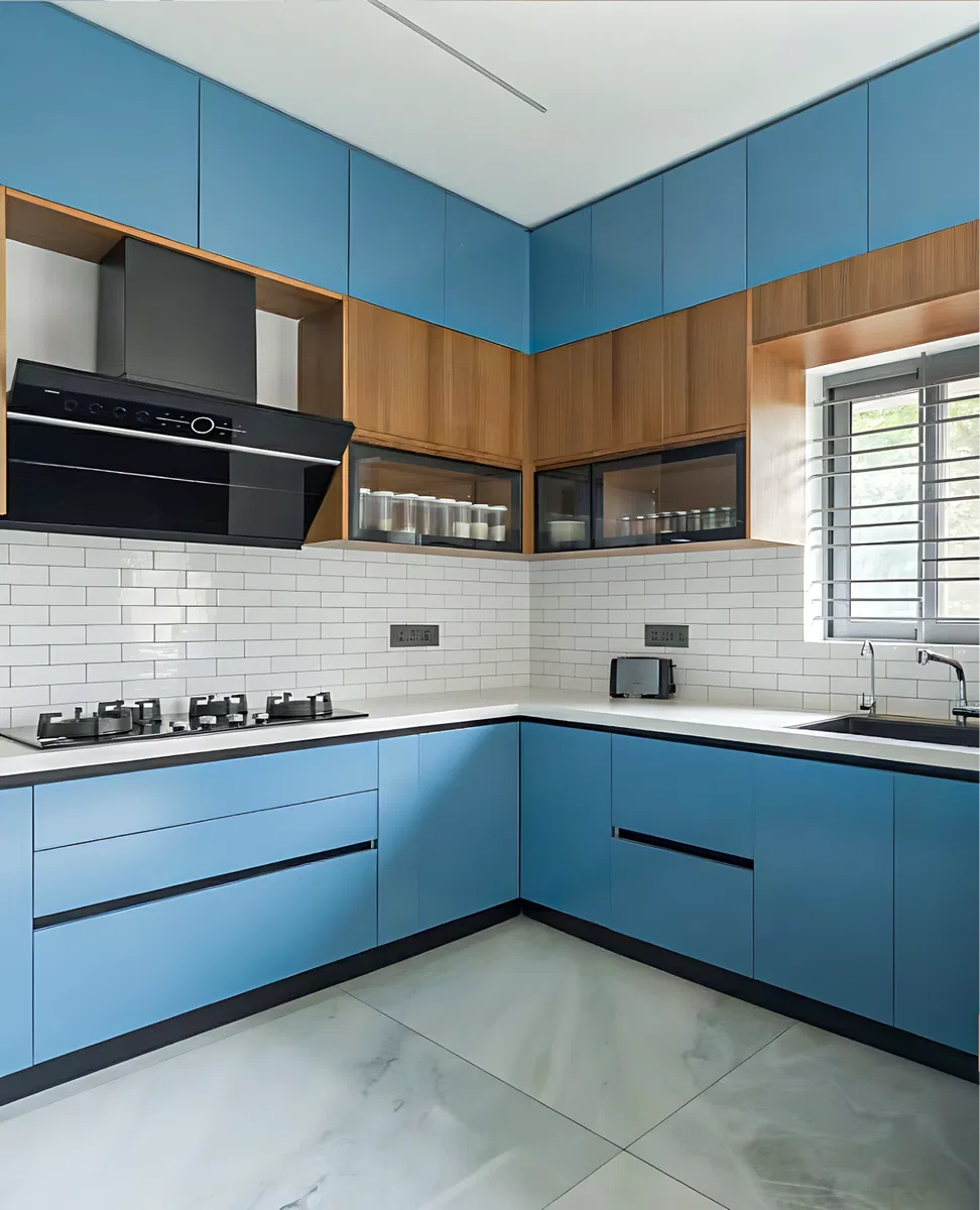 Modern dual tone kitchen with sky blue and wood laminate, white quartz ...