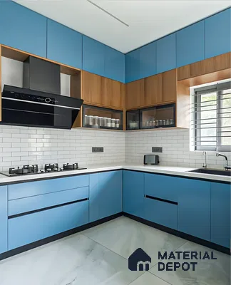 Modern dual tone kitchen with sky blue and wood laminate, white quartz countertop, and subway tile backsplash in 2 BHK apartment Sree Adithya Lotus KR Puram Bengaluru