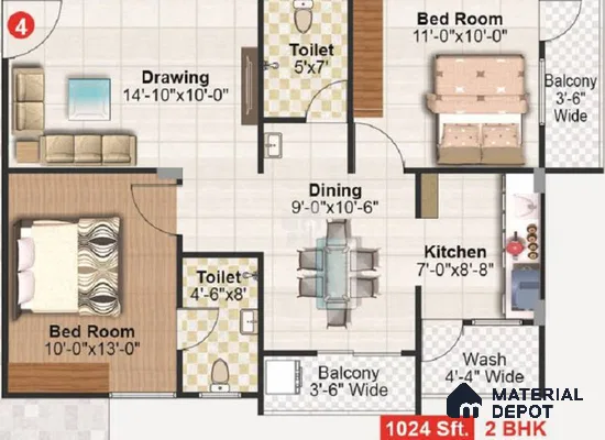 Modern 2BHK apartment floor plan with tile flooring, wooden flooring in bedroom, and modular kitchen layout