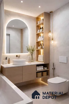 Scandinavian bathroom with light wood vanity, white marble-look wall tiles, and soft beige floor tiles