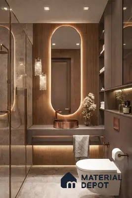 Modern bathroom with brown fluted wall panels, matte stone tiles, and bronze fixtures
