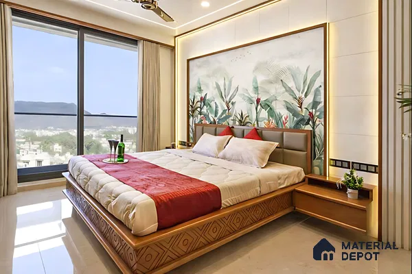 Modern bedroom with tropical wallpaper accent, light wood bed frame, and beige floor tiles