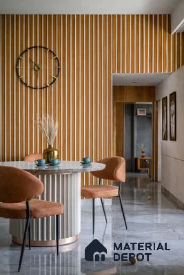 Modern dining room with oak wood fluted wall panels and grey marble floor tiles