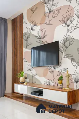 Modern TV unit with floral wallpaper, wooden louvers, and white laminate cabinet