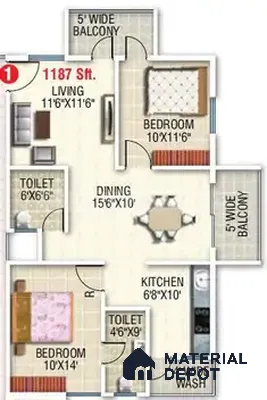 Modern 2BHK apartment floor plan with tiled flooring and open dining layout