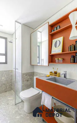 Modern bathroom with terrazzo tiles, terracotta vanity, and white textured wall tiles
