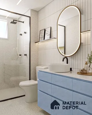 Modern bathroom with pastel blue laminate vanity, terrazzo floor and wall tiles, and vertical white subway wall tiles