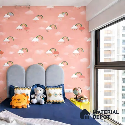 Modern kids room with pastel rainbow cloud wallpaper and upholstered headboard