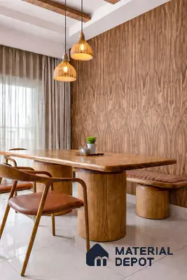 Mid-century modern dining room with oak wood laminate wall panel and wooden dining set