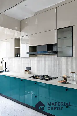 Modern dual tone kitchen with teal blue high gloss laminate, beige high gloss laminate, and white quartz countertop