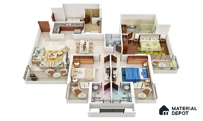 Modern 3BHK apartment layout with beige floor tiles, wooden laminate wardrobes, and glass balcony railings in 3 BHK apartment Sterling Brookside Brookefield Bengaluru