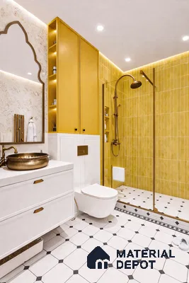 Modern bathroom with mustard yellow vertical subway wall tiles, white vanity, and geometric patterned floor tiles in 3 BHK apartment Sterling Brookside Brookefield Bengaluru
