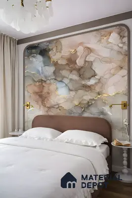 Art Deco bedroom with abstract marble-effect wallpaper and velvet upholstered bed in 3 BHK apartment Sterling Brookside Brookefield Bengaluru