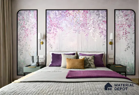 Modern bedroom with floral wallpaper accent wall and pastel upholstery in 3 BHK apartment Sterling Brookside Brookefield Bengaluru