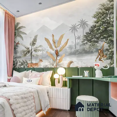 Eclectic kids room with jungle-themed mural wallpaper, green upholstered headboard, and pastel accents in 3 BHK apartment Sterling Brookside Brookefield Bengaluru