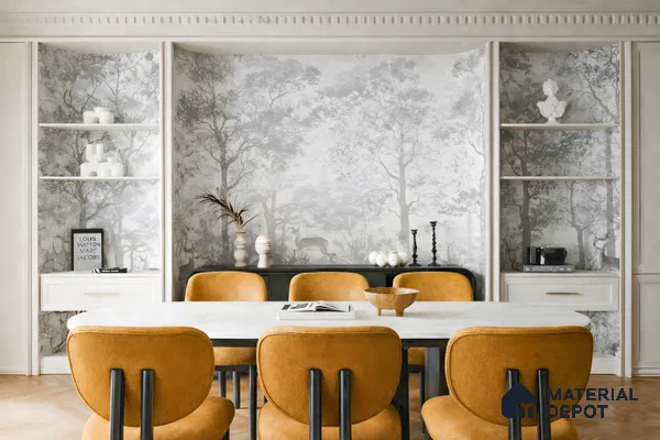 Art Deco dining room with mustard suede chairs, white marble tabletop, and grayscale nature wallpaper in 3 BHK apartment Sterling Brookside Brookefield Bengaluru