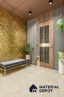 Modern foyer with gold textured wall panel, wooden ceiling, and beige marble floor tiles in 3 BHK apartment Sterling Brookside Brookefield Bengaluru