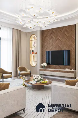Modern living room with chevron wood panel accent wall and beige fabric upholstery in 3 BHK apartment Sterling Brookside Brookefield Bengaluru