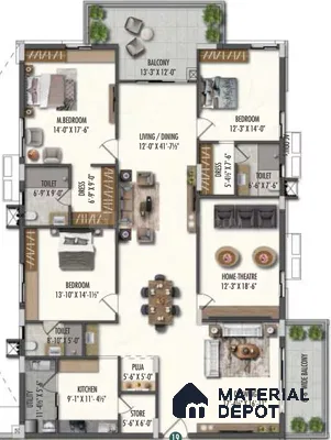 Modern open plan living and dining with neutral tile flooring and wooden accents