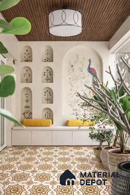 Mediterranean balcony with patterned ochre floor tiles, wooden slat ceiling, and floral wall niches