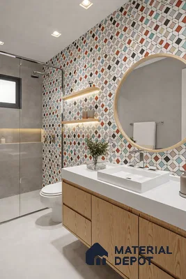 Modern bathroom with geometric multicolor wall tiles, white countertop, and light wood vanity