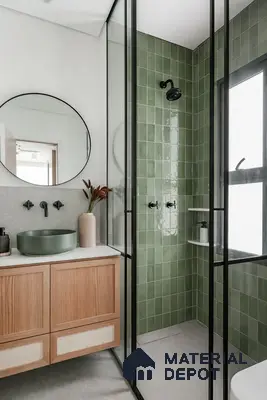 Scandinavian bathroom with sage green subway wall tiles and light oak vanity