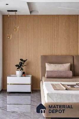 Minimalist bedroom with light oak fluted wall panels and glossy grey marble floor tile