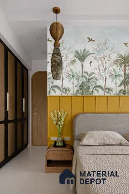 Japandi bedroom with chinoiserie wallpaper, mustard suede headboard, and natural cane wardrobe