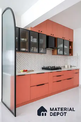 Modern kitchen with coral laminate cabinets, fluted glass shutters, and white herringbone backsplash tile