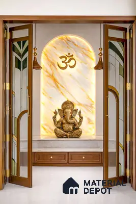 Traditional pooja room with backlit marble accent wall and wooden doors