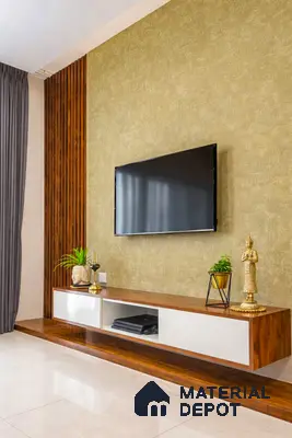 Modern TV unit with walnut wood laminate, white laminate shutters, and textured beige accent wall