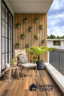Scandinavian balcony with wood-look floor tiles and vertical wooden louvers in Sumadhura Srinivasam Hoodi 4 BHK apartment Bengaluru