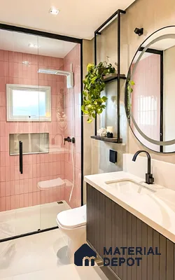 Modern bathroom with blush pink vertical subway wall tiles and fluted wood vanity in Sumadhura Srinivasam Hoodi 4 BHK apartment Bengaluru