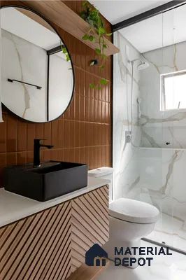 Modern bathroom with terracotta kitkat wall tiles, marble-look wall and floor tiles, and fluted wood vanity in Sumadhura Srinivasam Hoodi 4 BHK apartment Bengaluru