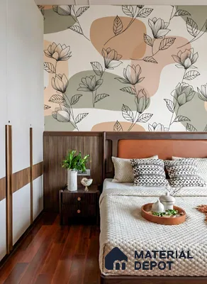 Modern bedroom with floral patterned wallpaper, walnut wood laminate, and white wardrobe in Sumadhura Srinivasam Hoodi 4 BHK apartment Bengaluru