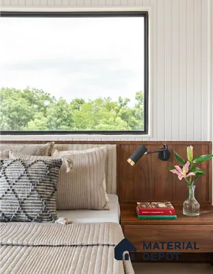 Scandinavian bedroom with vertical white wall panels and walnut wood headboard in Sumadhura Srinivasam Hoodi 4 BHK apartment Bengaluru