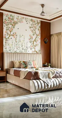 Modern bedroom with chinoiserie floral wallpaper, suede upholstered bed, and marble floor tiles in Sumadhura Srinivasam Hoodi 4 BHK apartment Bengaluru